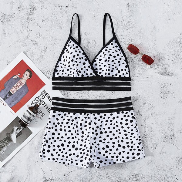 

Dalmatian Pattern Contrast Binding Bikini Swimsuit, Black and white