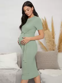 MaterniWear Maternity Solid Rib-knit Bodycon Tie Front Dress - Mint Green - View 6