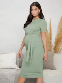 MaterniWear Maternity Solid Rib-knit Bodycon Tie Front Dress - Mint Green - View 7