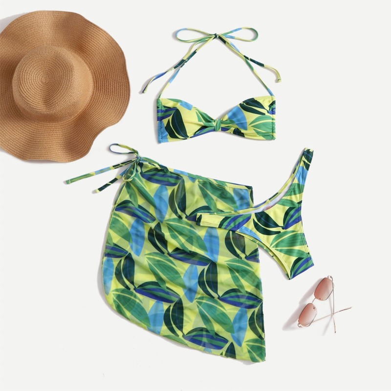 

3pack Leaf Print Bikini Swimsuit With Beach Skirt, Green