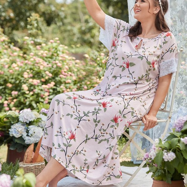 

Plus Floral Print Lace Cuff Night Dress, Pink