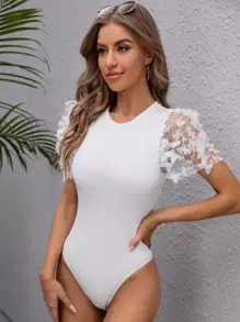 SHEIN Privé Applique Sheer Mesh Puff Sleeve Form Fitted Bodysuit - White - View 1