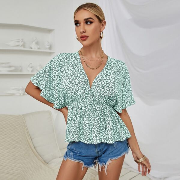 

Surplice Neck Dolman Sleeve Ditsy Floral Peplum Top, Green