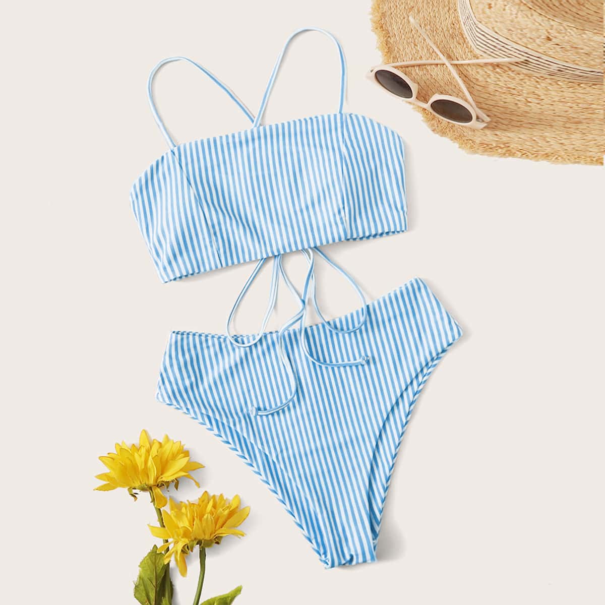 

Striped Tie Back High Waisted Bikini Swimsuit, Blue and white