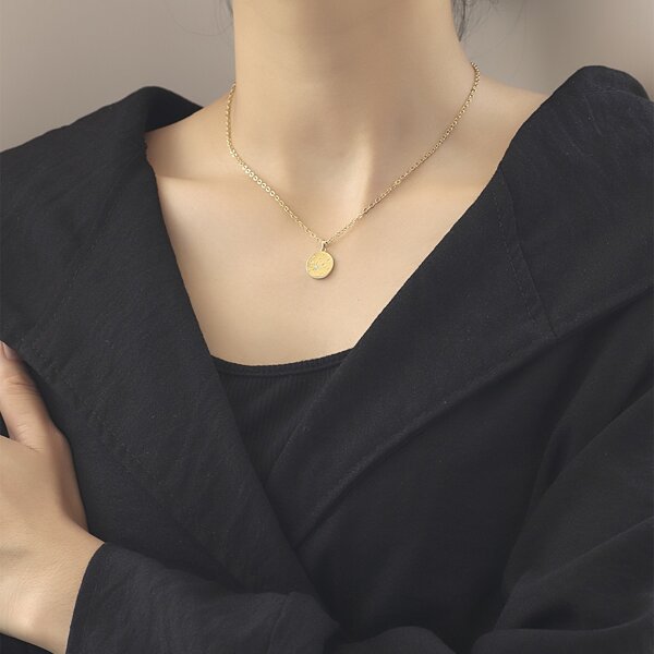 

Zircon Detail Gold Plated Round Charm Necklace