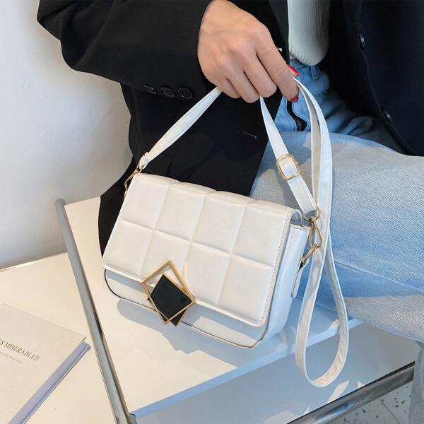

Metal Decor Flap Crossbody Bag, White