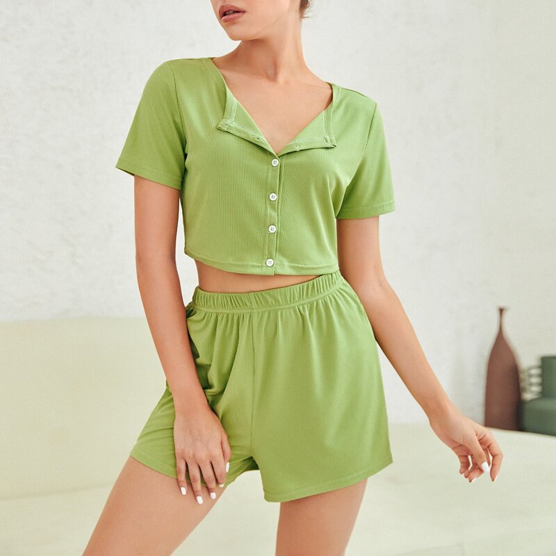 

Ribbed Button Up Solid Lounge Set, Lime green