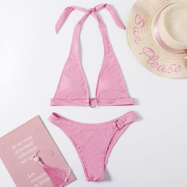 

Rib Ring Linked Halter Bikini Swimsuit, Baby pink