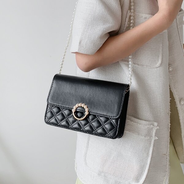 

Faux Pearl Decor Quilted Crossbody Bag, Black