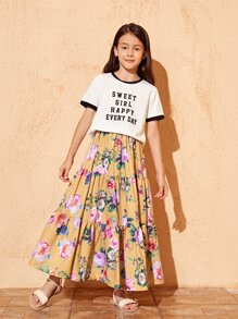 SHEIN Conjunto De Camiseta De Gráfico De Lema Y Falda Floral Para Niñas - Multicolor - Ver 1