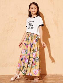 SHEIN Conjunto De Camiseta De Gráfico De Lema Y Falda Floral Para Niñas - Multicolor - Ver 3