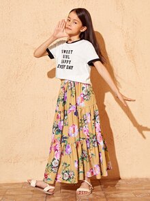 SHEIN Conjunto De Camiseta De Gráfico De Lema Y Falda Floral Para Niñas - Multicolor - Ver 4