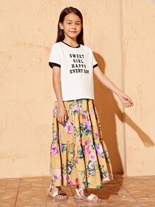 SHEIN Conjunto De Camiseta De Gráfico De Lema Y Falda Floral Para Niñas - Multicolor - Ver 5