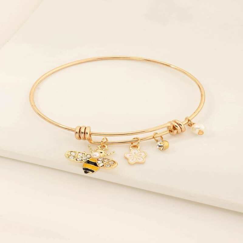 

Flower & Bee Decor Bangle, Gold