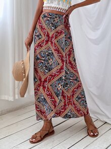 Paisley Print Wrap Knot Skirt - Multicolor - View 1