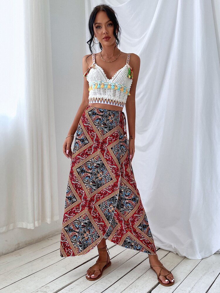 Paisley Print Wrap Knot Skirt - Multicolor - View 3