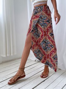 Paisley Print Wrap Knot Skirt - Multicolor - View 4