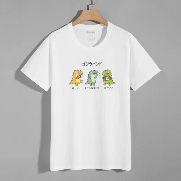 

Men Japanese Letter & Dinosaur Print Tee, White