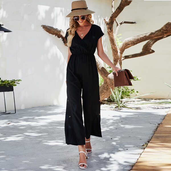 

Button Side Wide Leg Jumpsuit, Black