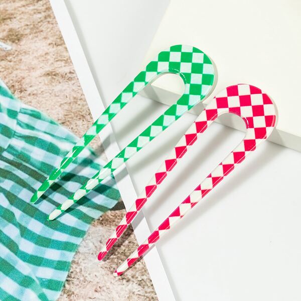 

2pcs Plaid Print Hair Pin, Multicolor