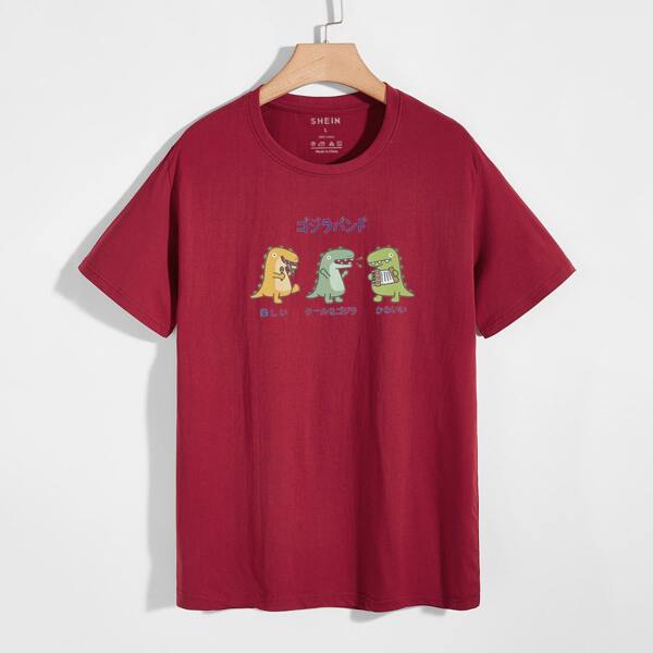 

Men Japanese Letter & Dinosaur Print Tee, Burgundy