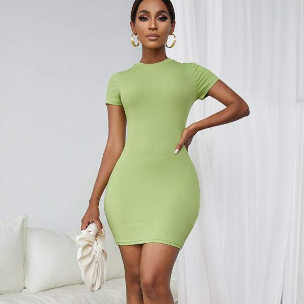 

Tied Backless Rib-knit Bodycon Dress, Lime green