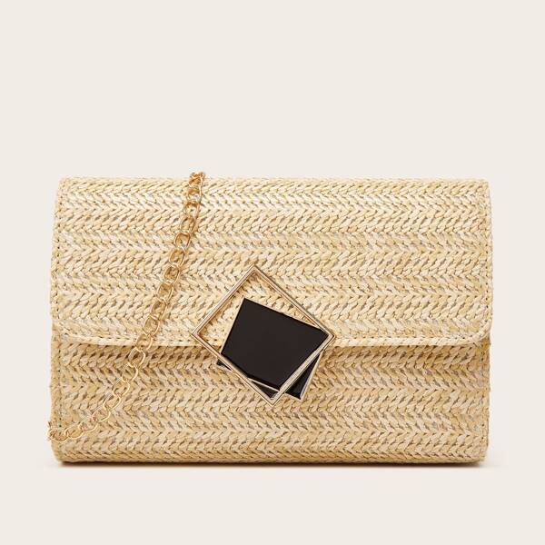 

Metal Decor Straw Chain Bag, Beige