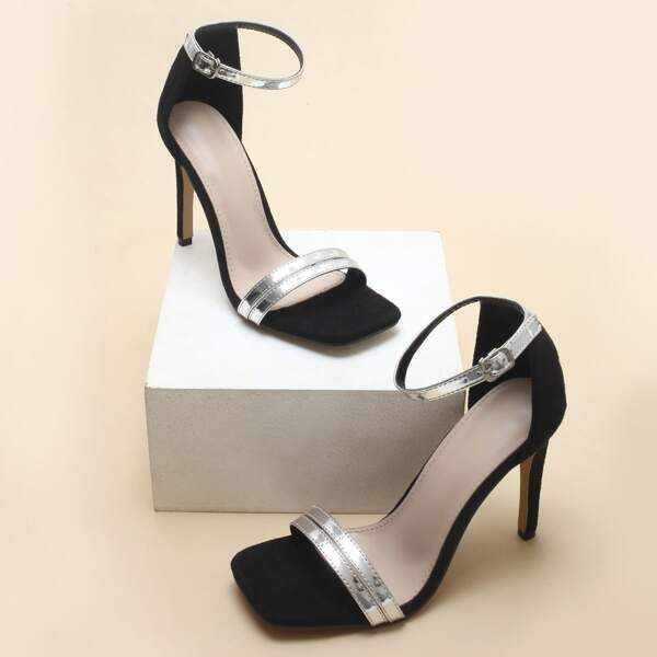 

Metallic Ankle Strap Stiletto Heeled Sandals, Black