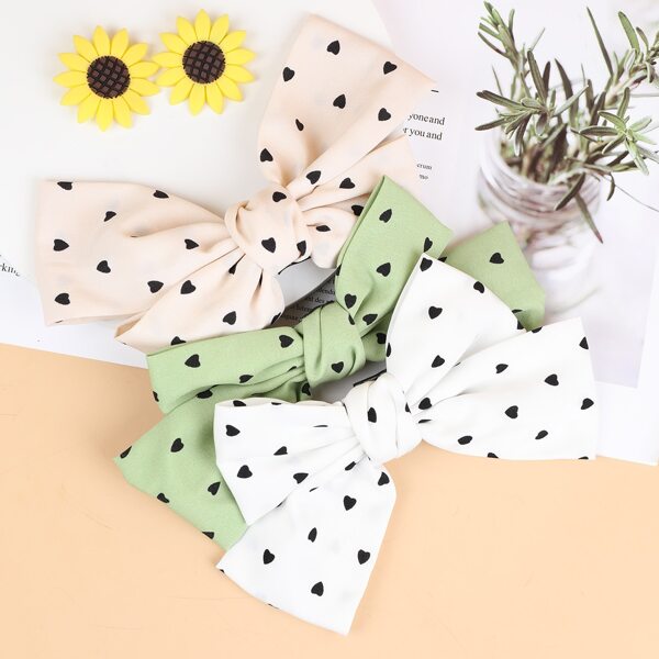 

3pcs Girls Heart Print Bow Decor Hair Clip, Multicolor