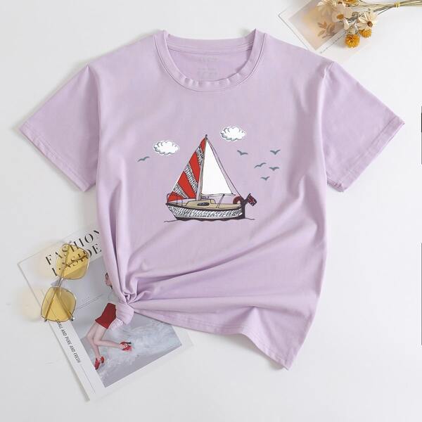 

Boat And Seagulls Print Tee, Lilac purple