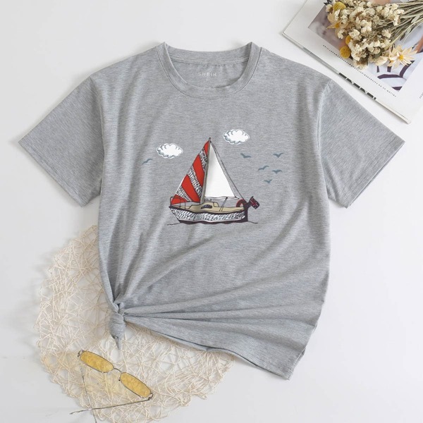 

Boat And Seagulls Print Tee, Grey