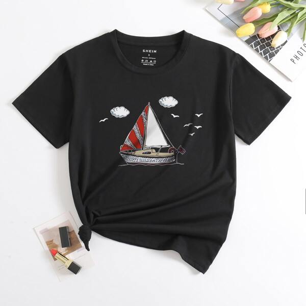 

Boat And Seagulls Print Tee, Black