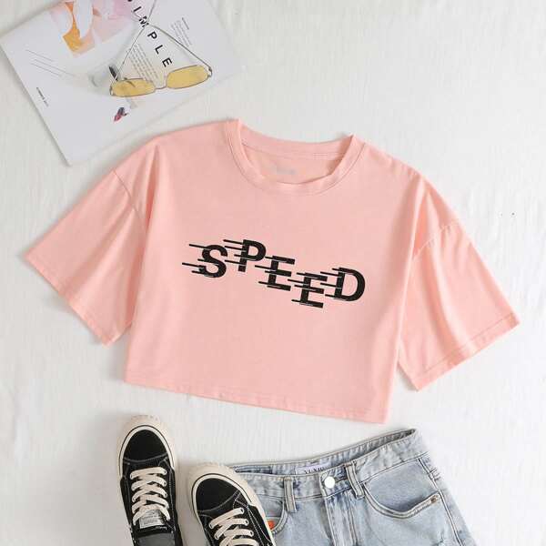 

Letter Graphic Drop Shoulder Crop Tee, Baby pink