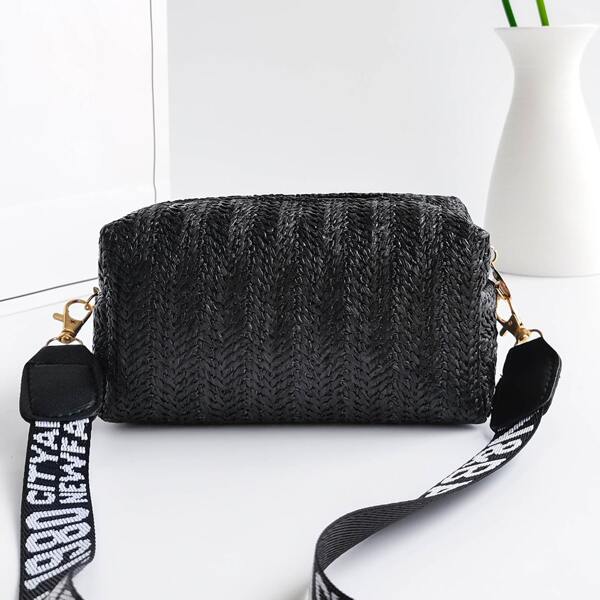 

Letter Graphic Straw Bag, Black