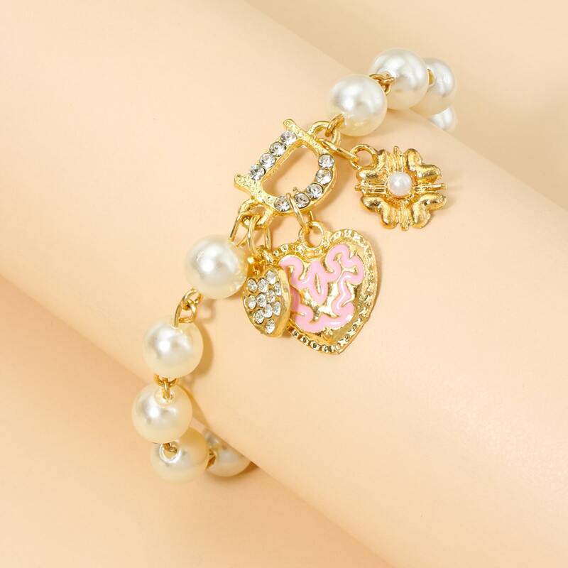 

Heart & Faux Pearl Decor Bracelet, White