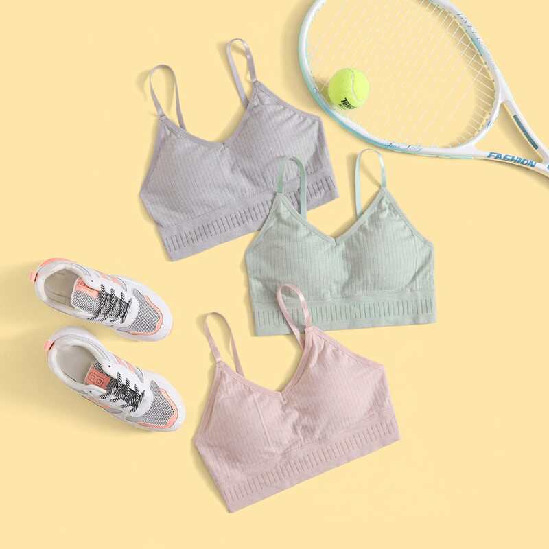 

3pcs Seamless Medium Support Rib-Knit Sports Bra, Multicolor