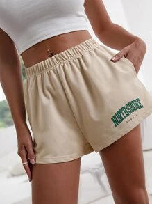 Letter Graphic Track Shorts - Beige - View 1