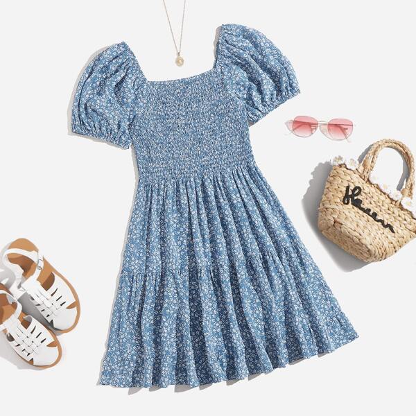 

Ditsy Floral Puff Sleeve Shirred Detail Dress, Multicolor