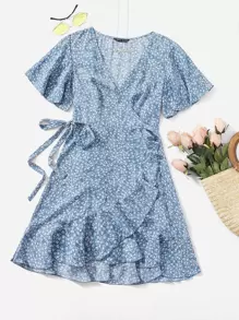 SHEIN Ditsy Floral Ruffle Trim Wrap Belted Dress - Multicolor - View 1