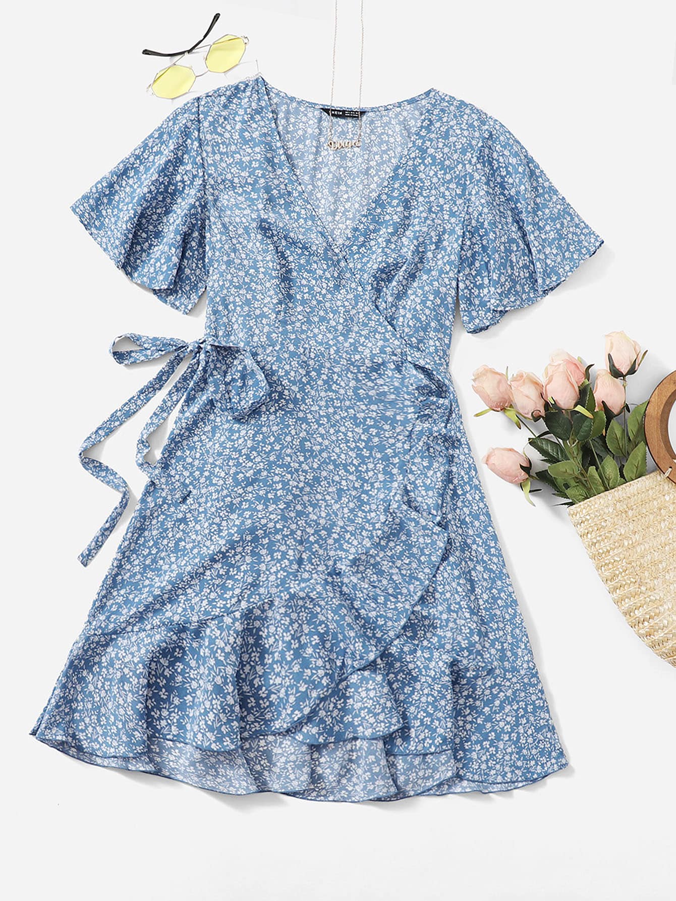 SHEIN Ditsy Floral Ruffle Trim Wrap Belted Dress - Multicolor - View 1