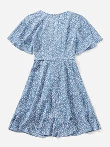 SHEIN Ditsy Floral Ruffle Trim Wrap Belted Dress - Multicolor - View 2