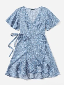 SHEIN Ditsy Floral Ruffle Trim Wrap Belted Dress - Multicolor - View 3