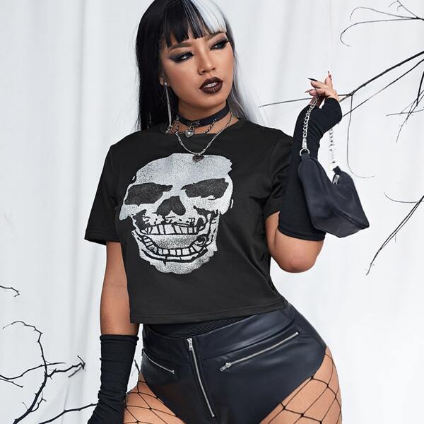 

Plus 1pc Skull Print Short Sleeve Tee, Black