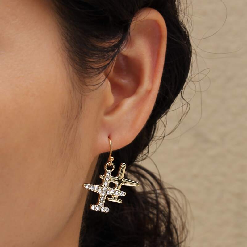 

Rhinestone Plane Drop Earrings, Gold
