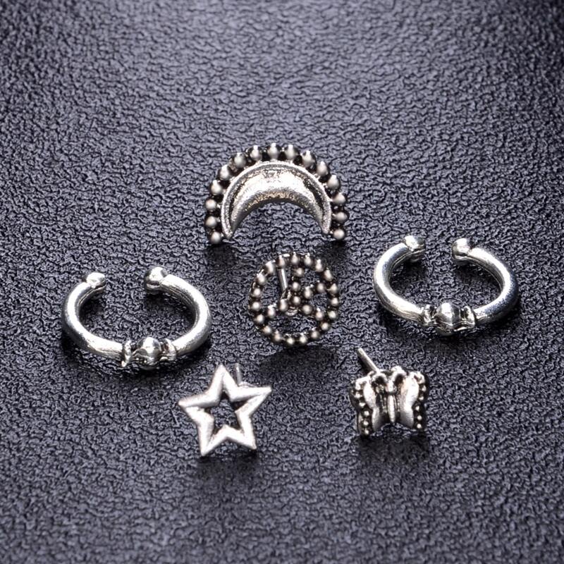 

6pcs Moon & Star Stud Earrings & Ear Cuff, Silver