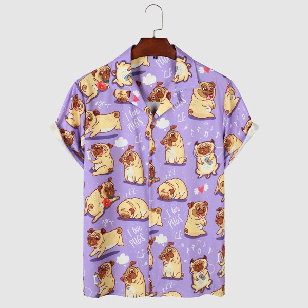 

Men Dog & Slogan Graphic Button Up Shirt, Purple