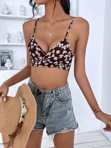 SHEIN VCAY Áo hai dây Buộc lại Hoa Boho - Nhiều màu - Xem 3