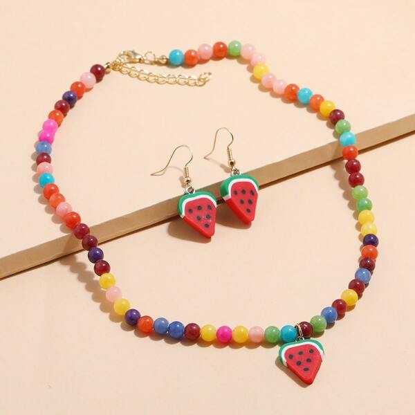 

Girls Watermelon Charm Beaded Necklace & 1pair Drop Earrings, Multicolor
