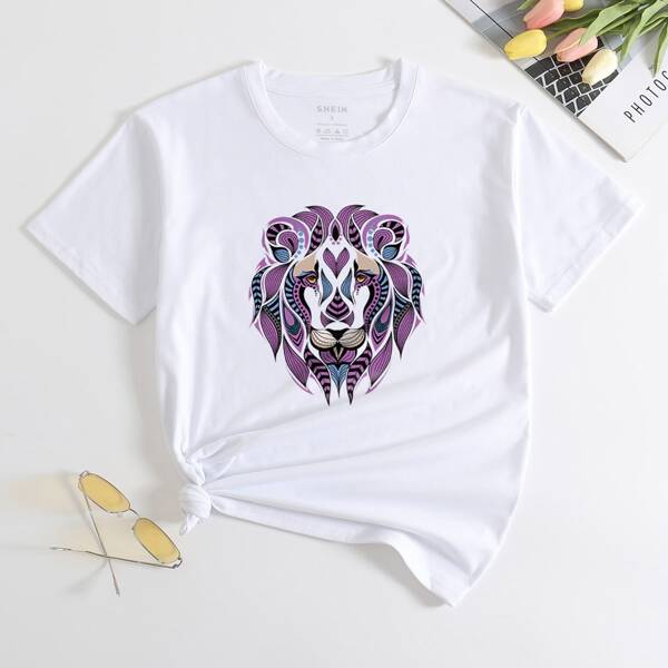 

Lion Print Round Neck Tee, White