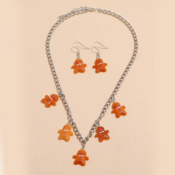 

Girls Gingerbread Cookies Charm Necklace & 1pair Drop Earrings, Silver